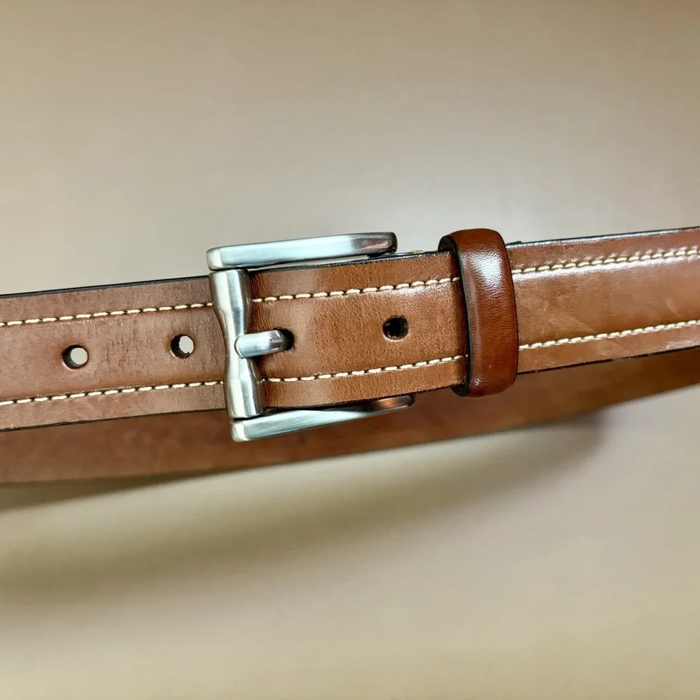 Cole Haan Belt Mens 40 Cognac Brown Leather Contrast Stitching Silver Buckle